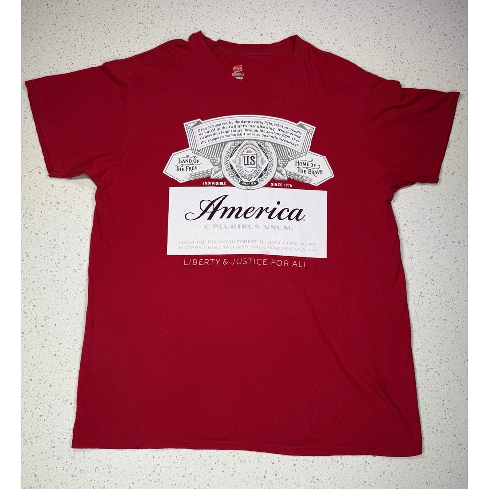 Hanes Nano-T America Patriotic Graphic Red T-Shirt Crew Neck Short Sleeve Size L